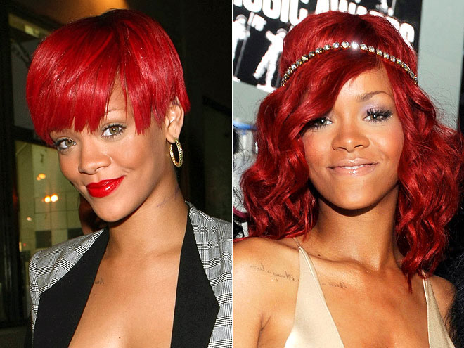 bright red hair with highlights. Having colorful hair is childish to me and the bright red hair is tacky.